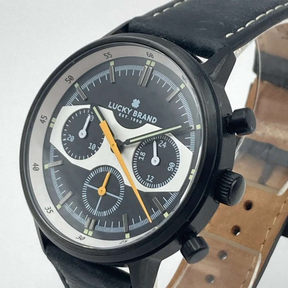 Lucky Brand Mens Watch Chronograph 35mm Black Orange Leather 50M New Battery 9